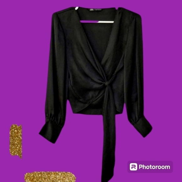3/$30 ZARA Black Disco Satin Pearl Button Crossover Waist Tie Holiday Blouse - Picture 1 of 11